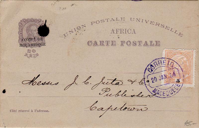 0483 f.jpg -     Lote:    483 (frente)                   Descrição:         1898 &mdash; Centenário do Descobrimento do Caminho Marítimo para a Índia. Inteiros de África com a sobrecarga a preto "COMP.ª DE MOÇAMBIQUE". OM8A (Castelo da Pena), 20 reis violeta. Circulado de Macequece (20.01.04) para Capetown (23.01.04). Carimbo circular datado, batido a violeta "CORREIO / MACEQUECE".        IC       Valor Base:     &euro; 20,00     Valor Venda:     &euro;      